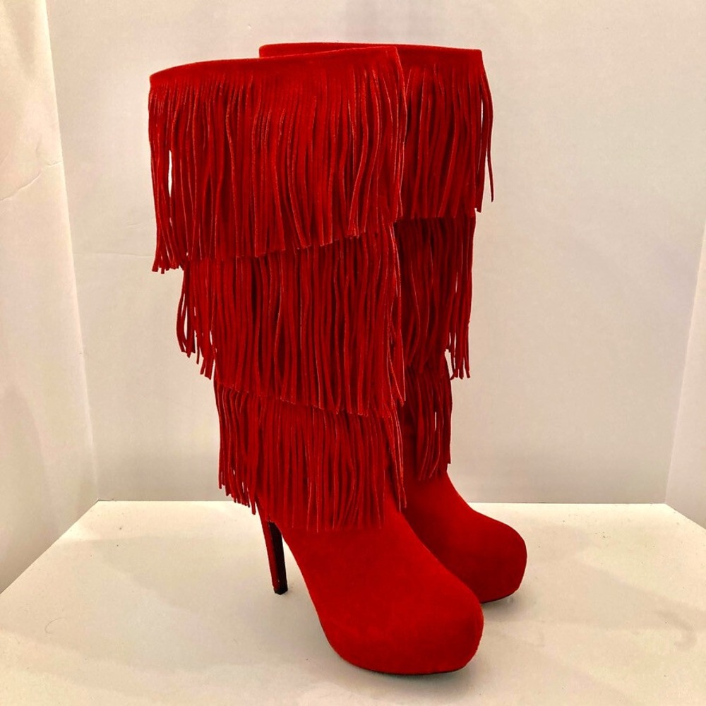 MOJO MOXY Knee High Platform Boots‎ Womens 9 M Suede Leather Fringe Red Pull On